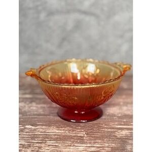 vintage Jeannette Glass Amberina Iris Floral Carnival Amber Glass Footed Bowl